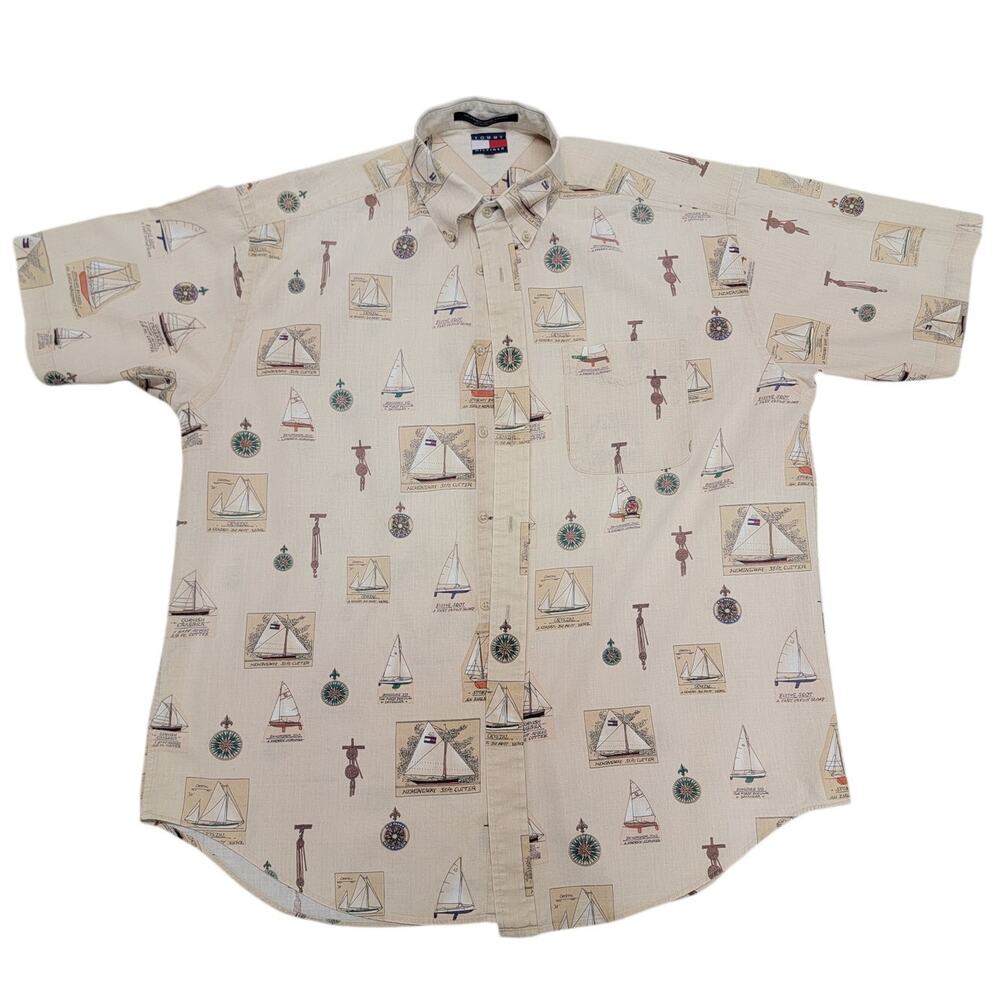 Vintage Tommy Hilfiger Nautical Sailboat Shirt Men Large L Short Sleeve 90s
